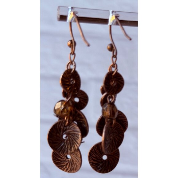 Vintage 1990s Chico’s Copper Medallion Cluster Dangle Earrings Amber Beads NOS - Picture 5 of 9